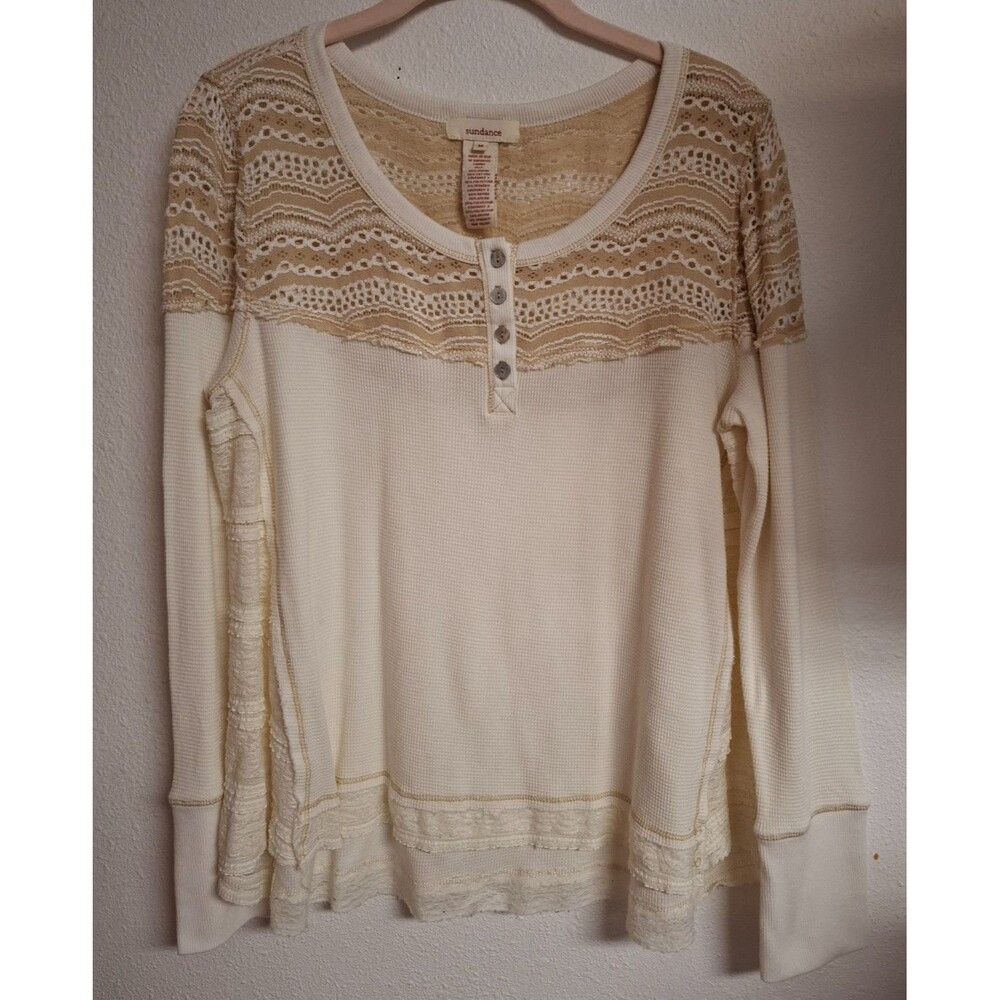 Women's SUNDANCE Cream Waffle Weave Henley Lace Trim Top Medium